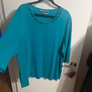 💝 3X Karen Scott Teal Scoop Neck 3/4 Sleeve Top with Stud Trim